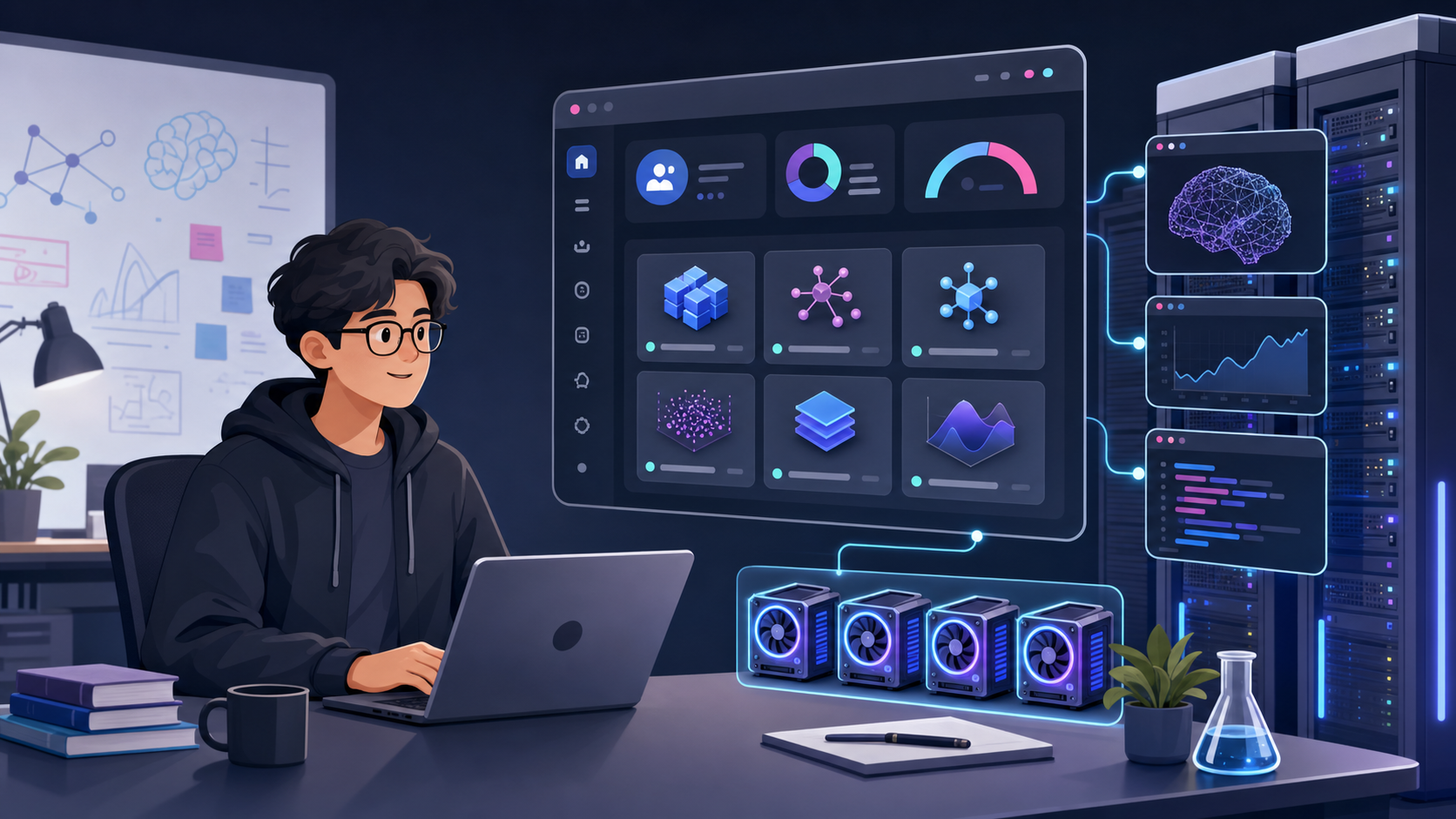 Cartoon illustration of an organized GPU research workspace dashboard